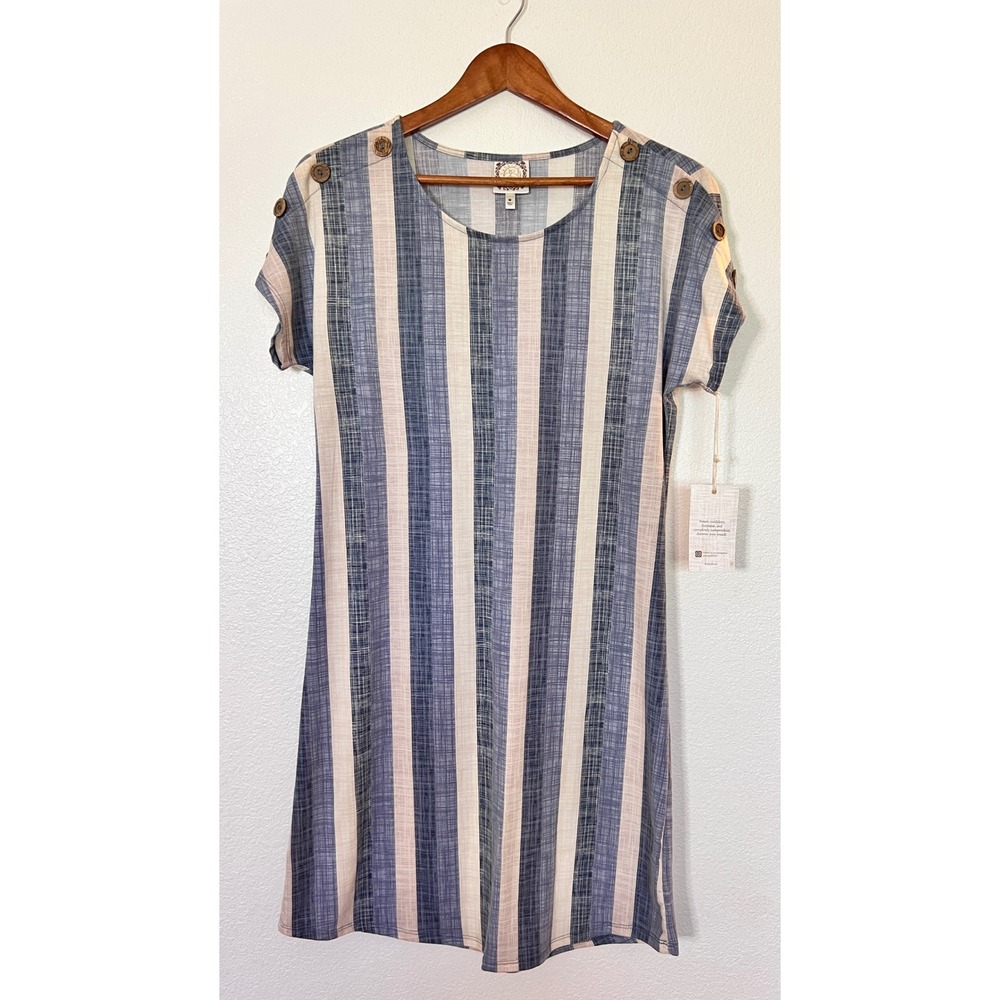 NWT Womens Striped Tunic Dress Size M Blue Cream Button Shoulder‎ Short Sleeve